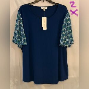 Navy Blouse with Geometric Sleeves